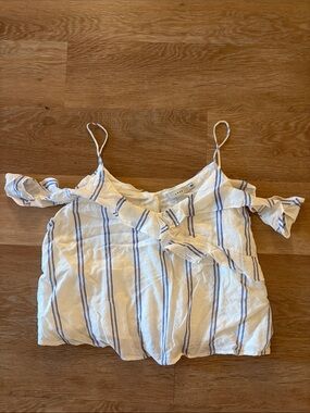 Lush White Tank Top with Blue Stripes and Ruffle Off-Shoulder